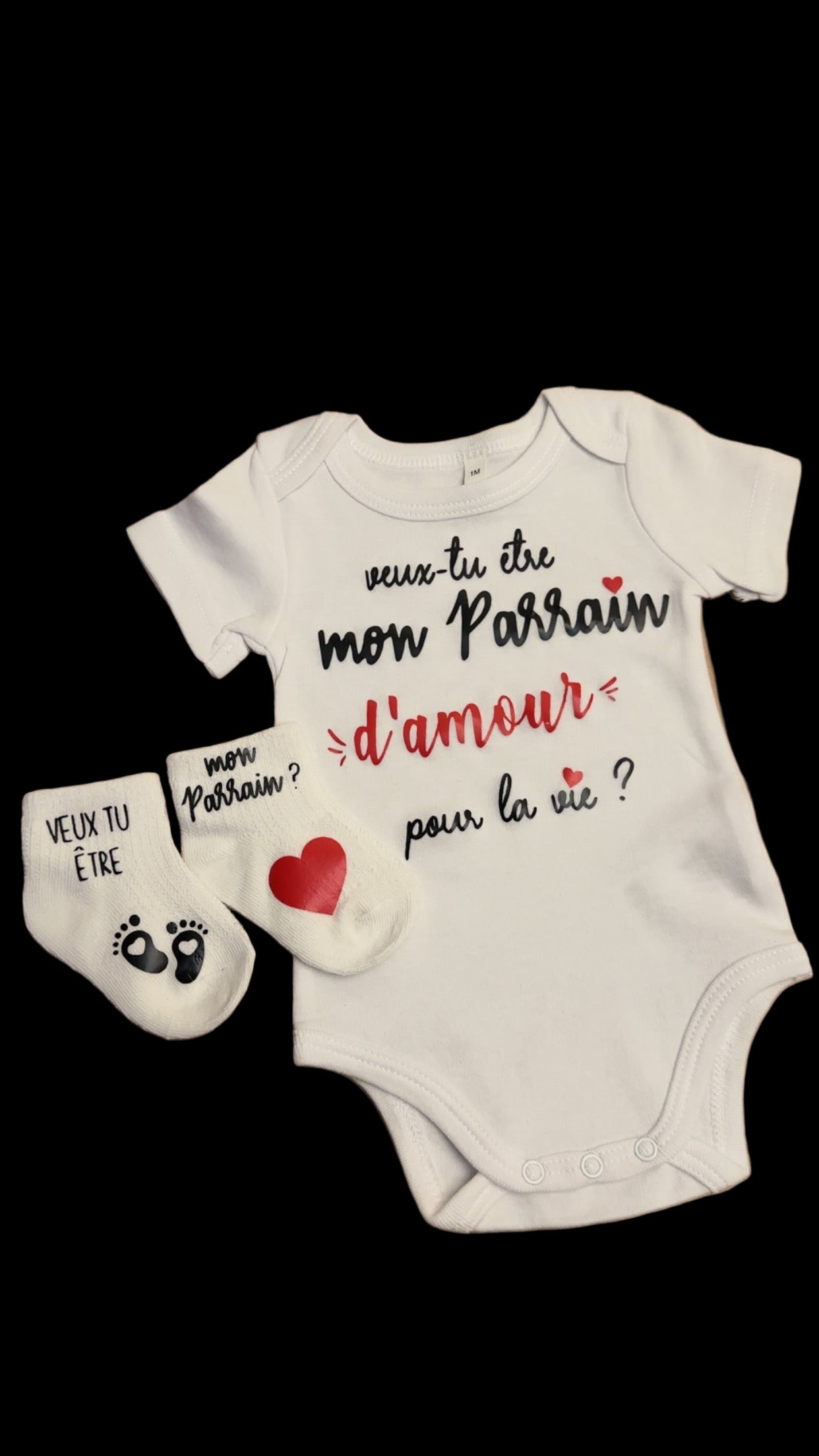 Ensemble bébé “Veux-tu être mon parrain d’amour pour la vie ?” – Body à message et chaussettes assorties | Cadeau annonce grossesse demande parrain original