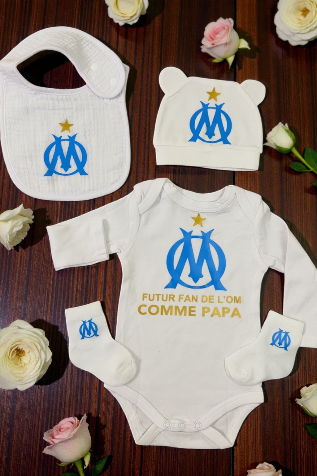 Ensemble bébé fan de football – Pack naissance supporter comme papa – Body bavoir bonnet chaussettes  Cadeau papa