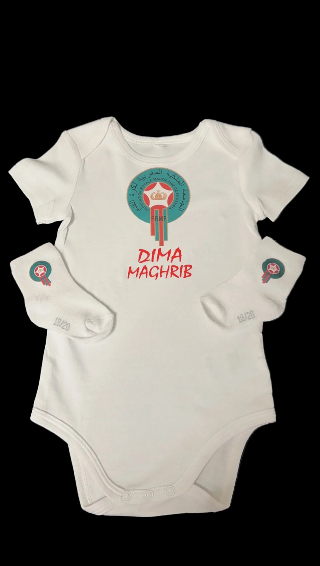 Morocco Baby Outfit 🇲🇦 – Dima Maghrib Baby Bodysuit & Socks – Moroccan Baby Gift – Football Fan Baby Clothes