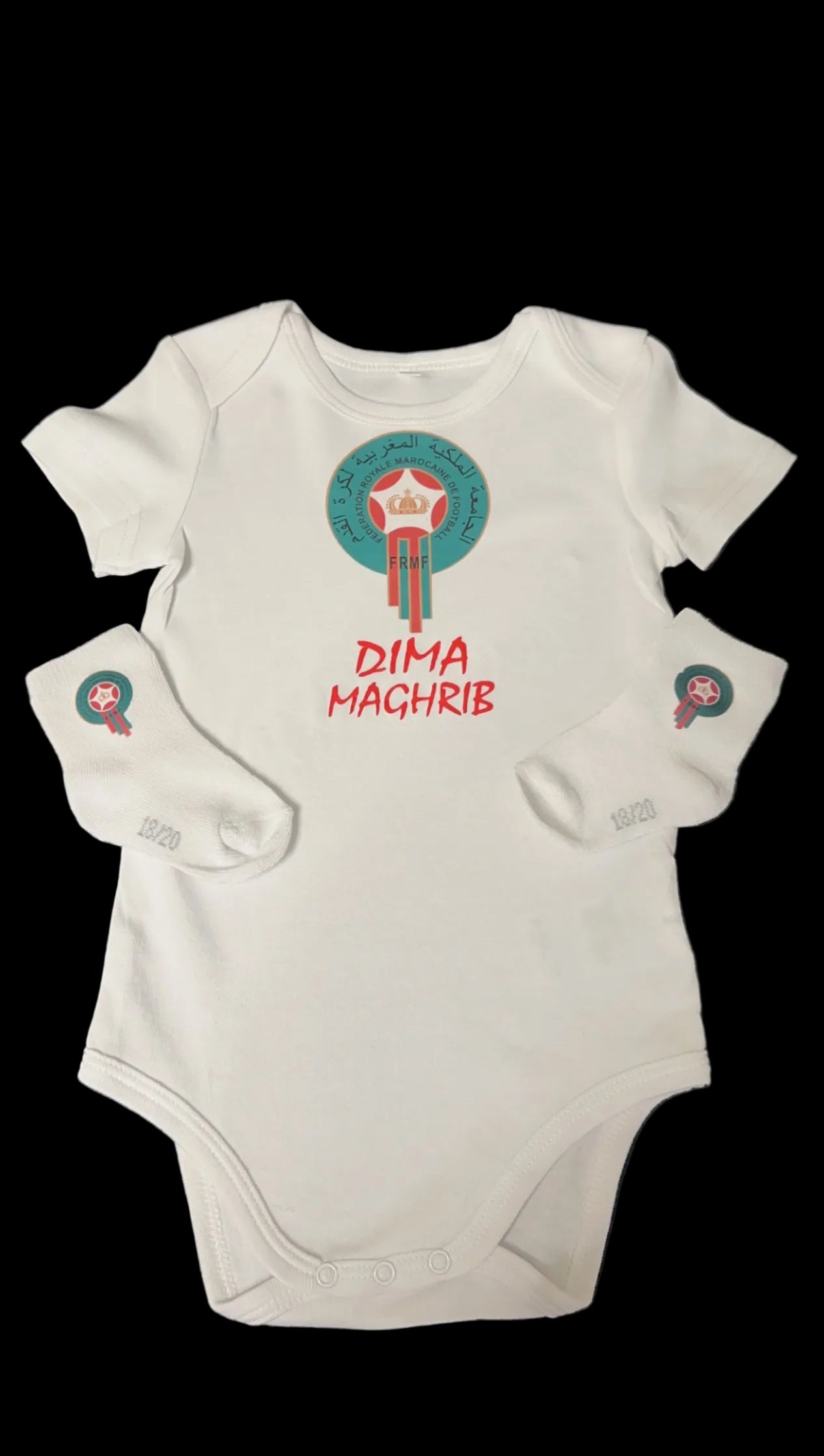 Morocco Baby Outfit 🇲🇦 – Dima Maghrib Baby Bodysuit & Socks – Moroccan Baby Gift – Football Fan Baby Clothes