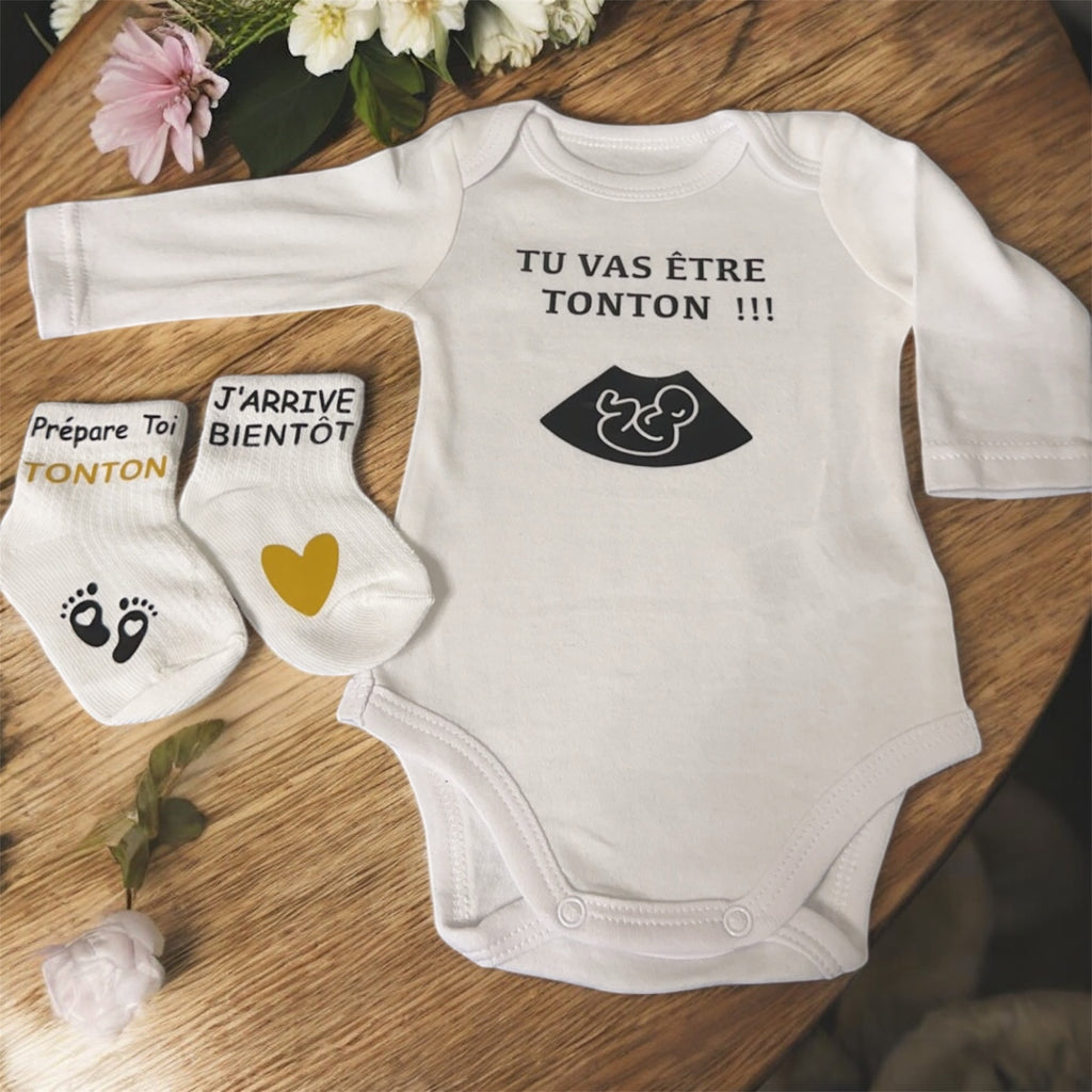 🍼 ensemble annonce grossesse – Body “Tu vas être Tonton !!!” + chaussettes bébé – Cadeau futur tonton original – Idée annonce famille 💛
