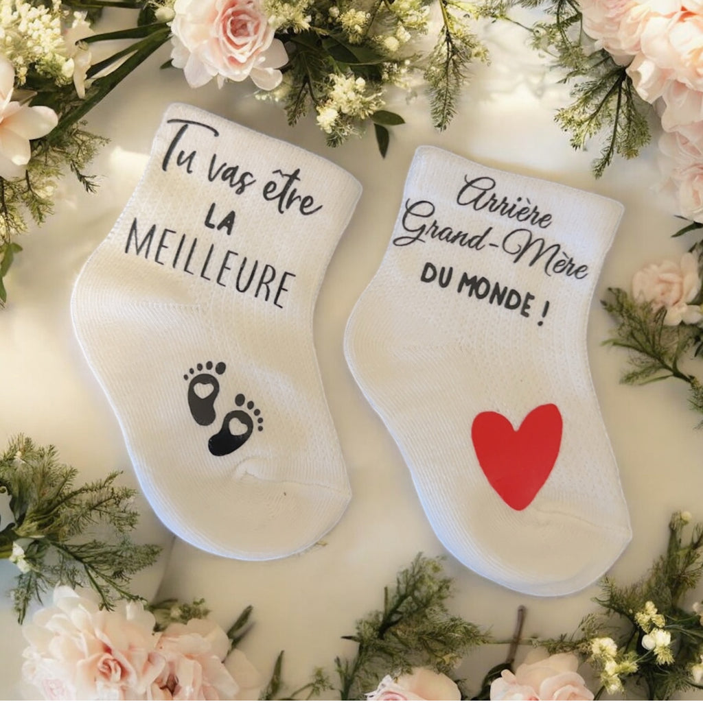 Chaussettes bébé “Tu vas être la meilleure arrière-grand-mère du monde !” – Annonce grossesse originale et émotive