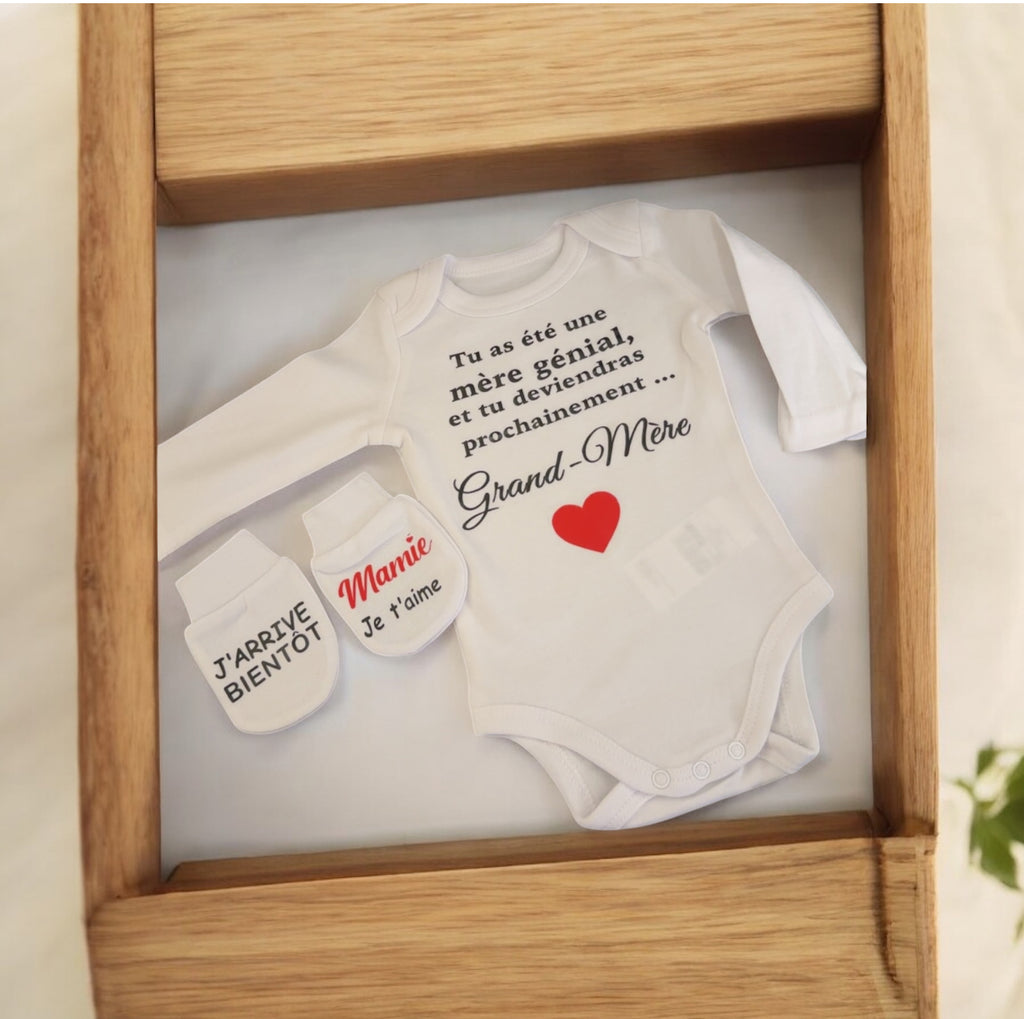Body et moufles “Annonce Grossesse Mamie” – Cadeau surprise futur Grand-Mère | Idée originale pour révéler une grossesse
