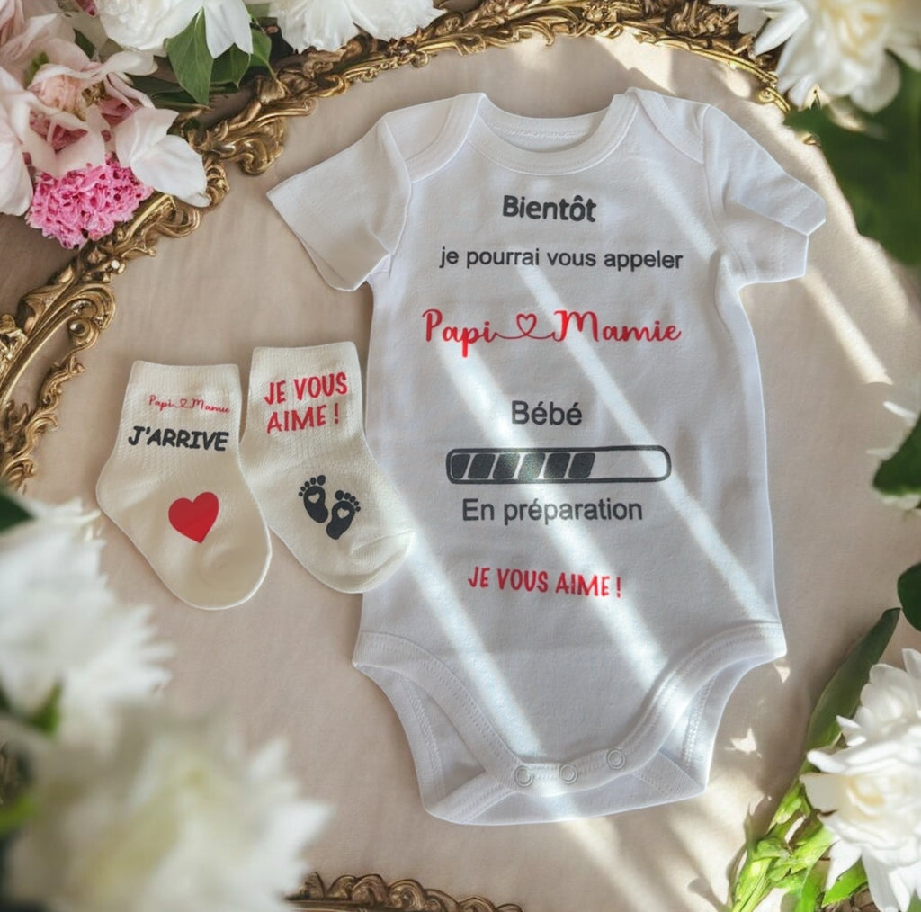 🍼✨ Body annonce grossesse “Papi & Mamie” + chaussettes assorties 👣 | Cadeau futur grands-parents 🎁