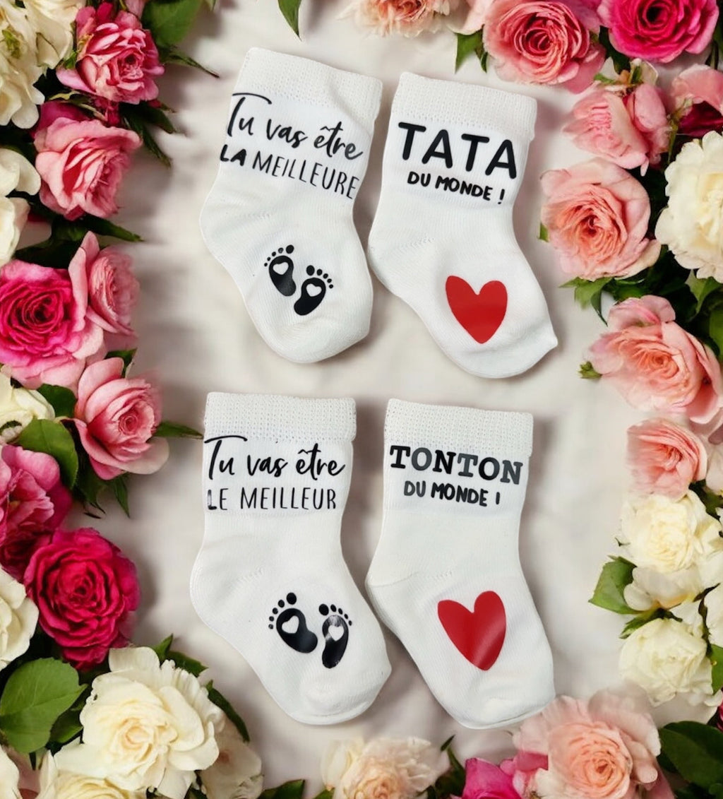 🍼 Lot de 2 paires de chaussettes annonce grossesse  futur tonton et tata – “Tu vas être la meilleure Tata / le meilleur Tonton du monde” – Cadeau révélation original ♥️