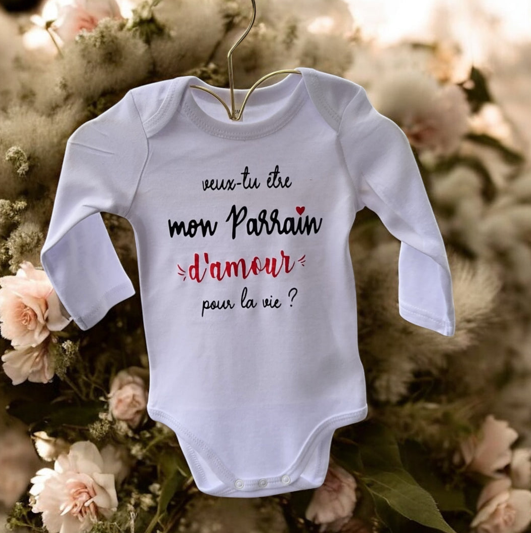 Bodie bébé “Veux-tu être mon parrain  d’amour pour la vie ?” – Body à message | Cadeau annonce grossesse demande parrain original
