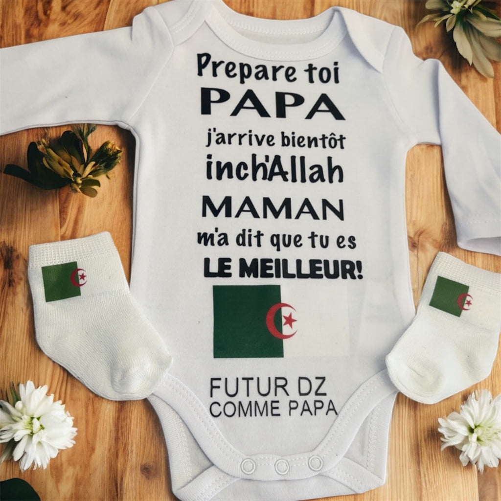 👶 Ensemble naissance bébé « Futur DZ comme papa » 🇩🇿 – Body et chaussette– Cadeau original pour futur papa algérien annonce grossesse