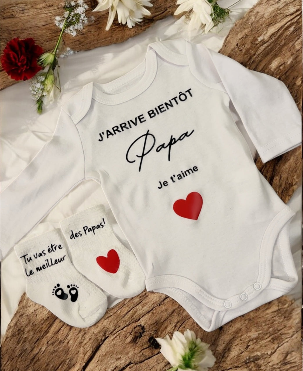 Annonce grossesse Papa – Body bébé + Chaussettes personnalisées | Cadeau futur papa | J’arrive bientôt Papa, je t’aime ❤️