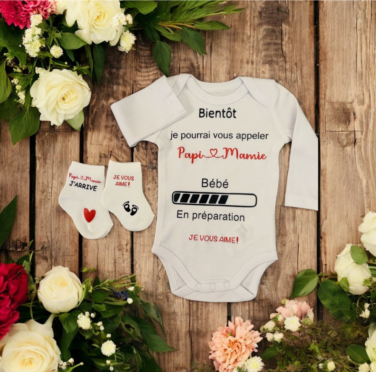 Body annonce grossesse “Papi & Mamie” + chaussettes assorties Cadeau futur grands-parents