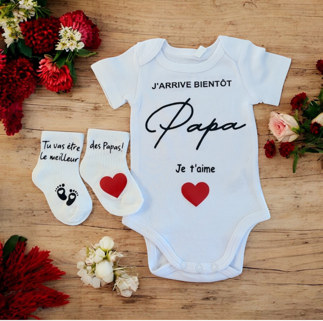 Annonce grossesse Papa – Body bébé + Chaussettes personnalisées | Cadeau futur papa | J’arrive bientôt Papa, je t’aime ❤️