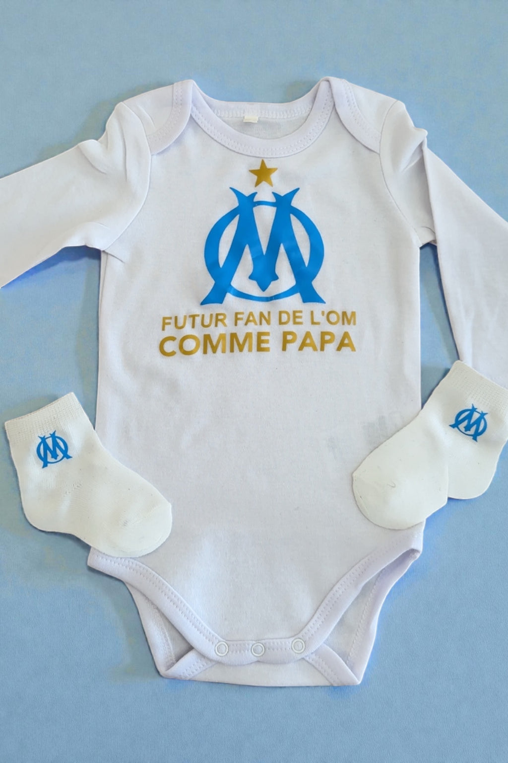 Ensemble bébé football futur fan comme de l’OM comme papa Body manches longues chaussettes Cadeau  papa supporter