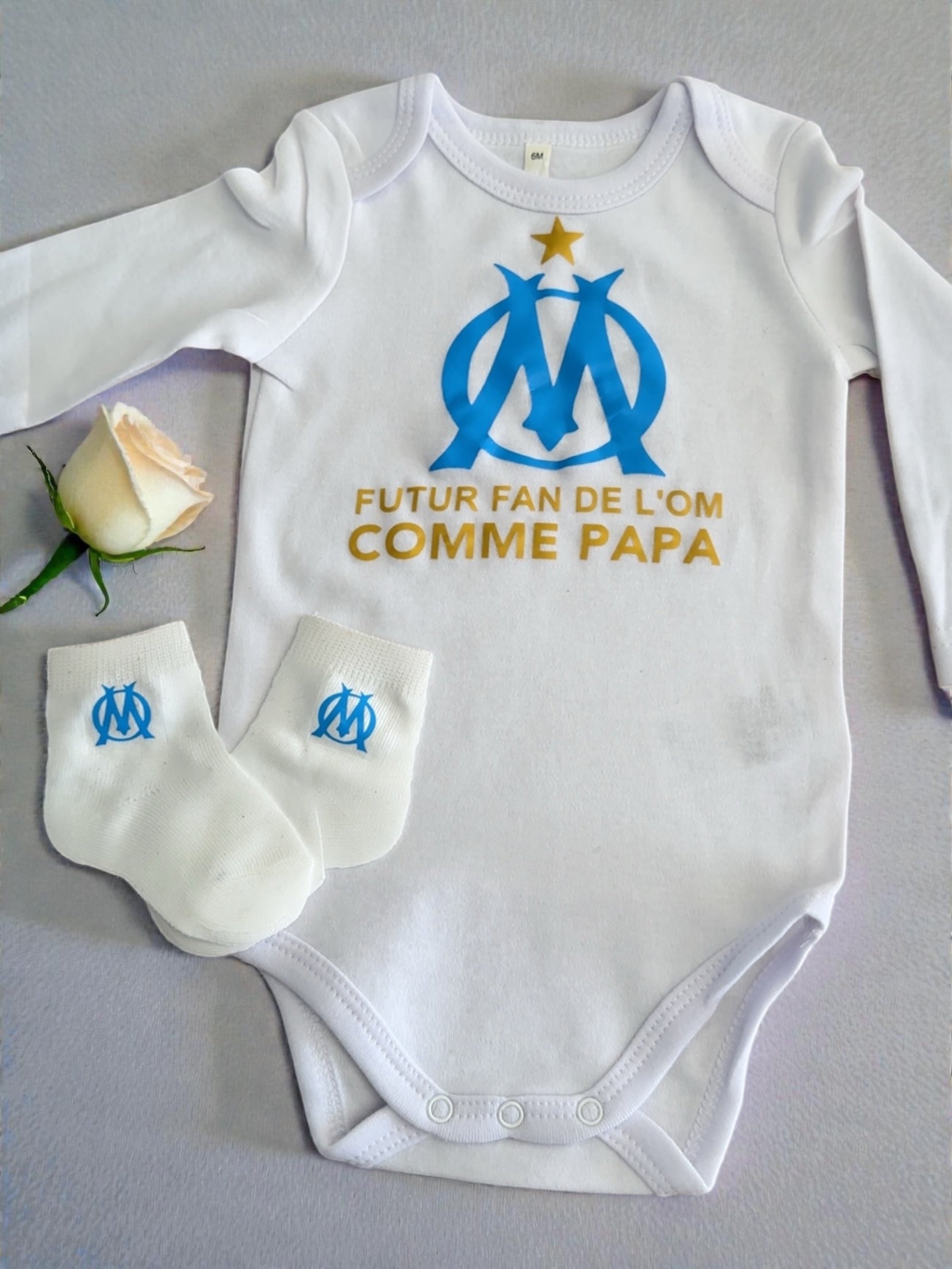 Ensemble bébé football futur fan comme de l’OM comme papa Body manches longues chaussettes Cadeau  papa supporter