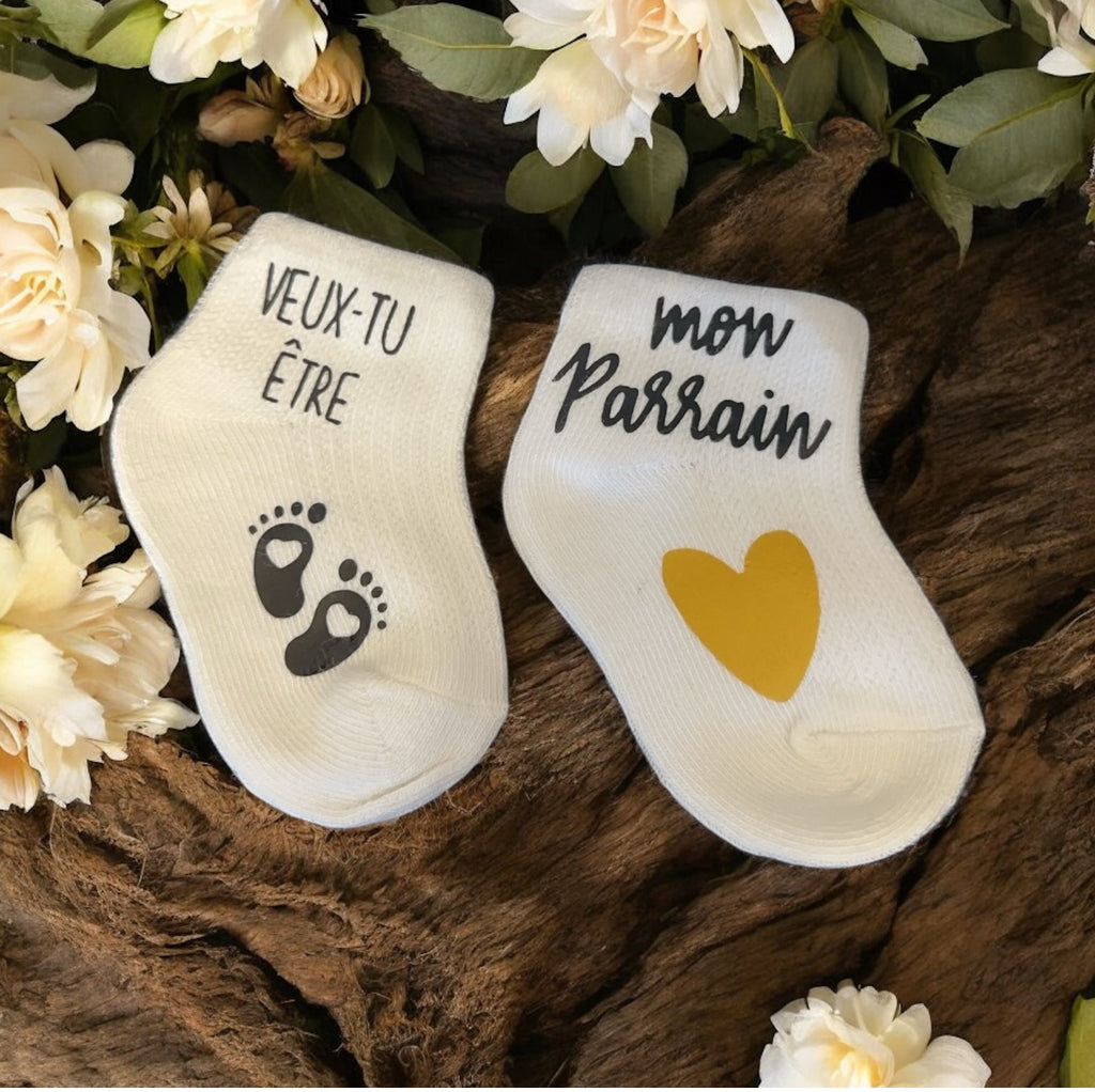 🧦 Chaussettes bébé “Veux-tu être mon parrain ?” 💛 | Annonce originale parrainage | Idée cadeau bébé personnalisée