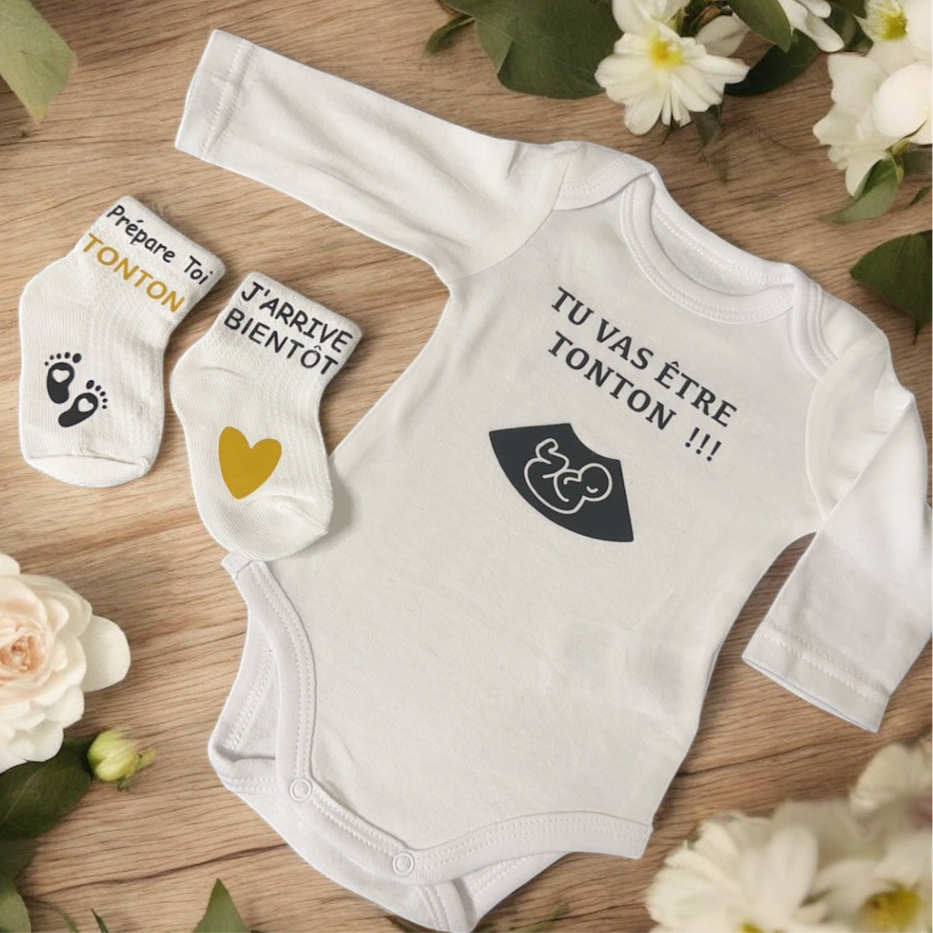🍼 ensemble annonce grossesse – Body “Tu vas être Tonton !!!” + chaussettes bébé – Cadeau futur tonton original – Idée annonce famille 💛