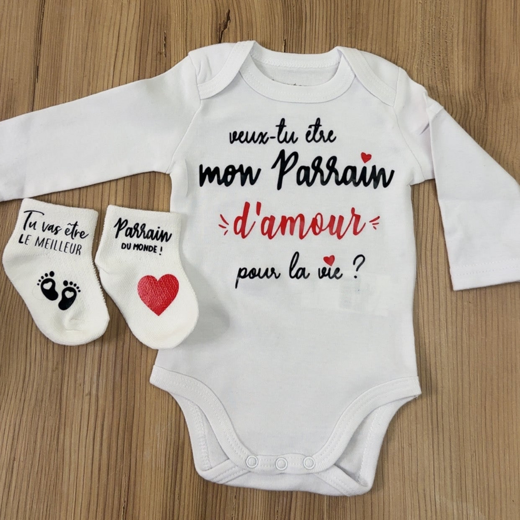Ensemble bébé “Veux-tu être mon parrain  d’amour pour la vie ?” – Body à message et chaussettes assorties | Cadeau annonce grossesse demande parrain original