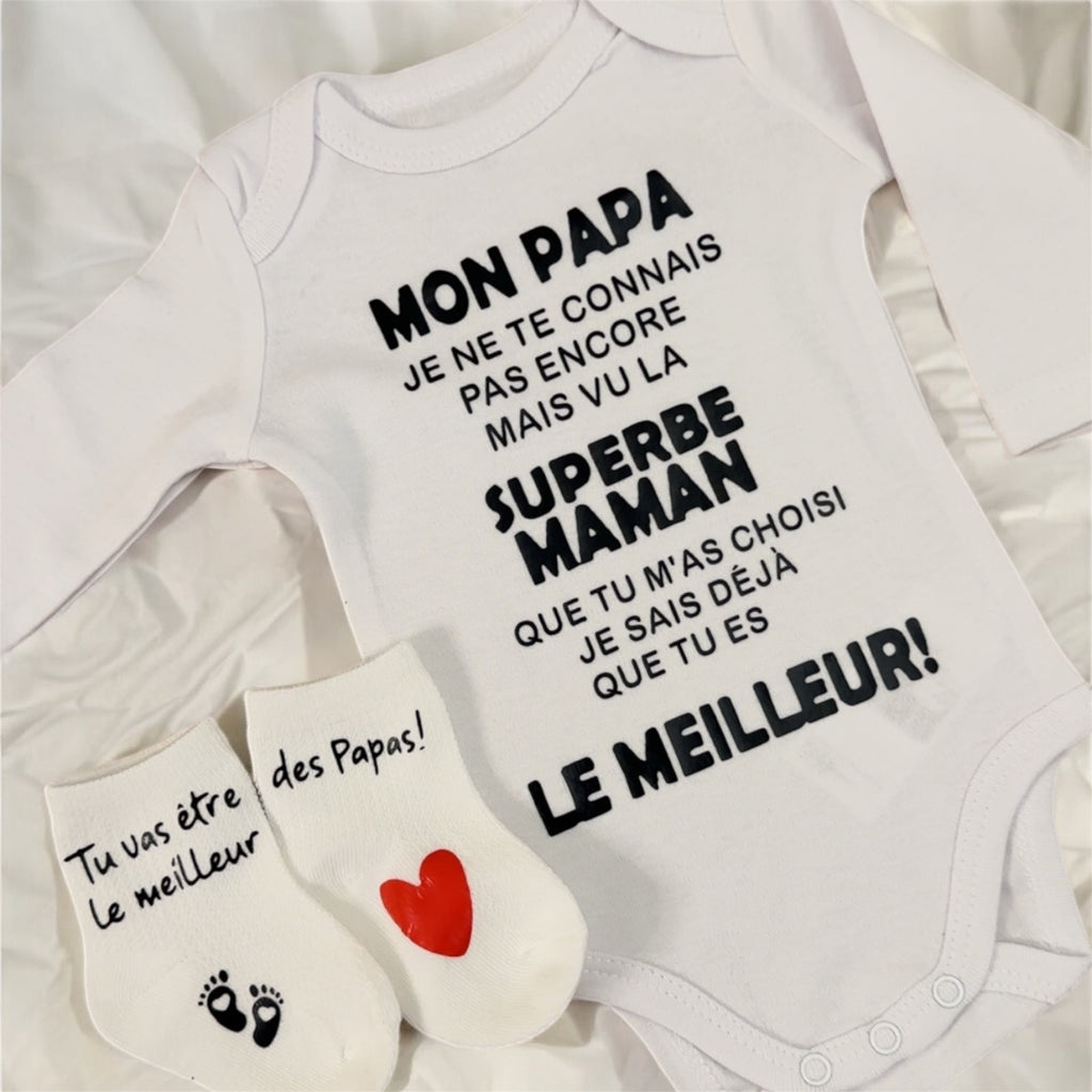 ensemble Body et chaussette Bébé Message Drôle – “Mon Papa, Je ne te connais pas encore…” | Cadeau de Naissance annonce grossesse Original