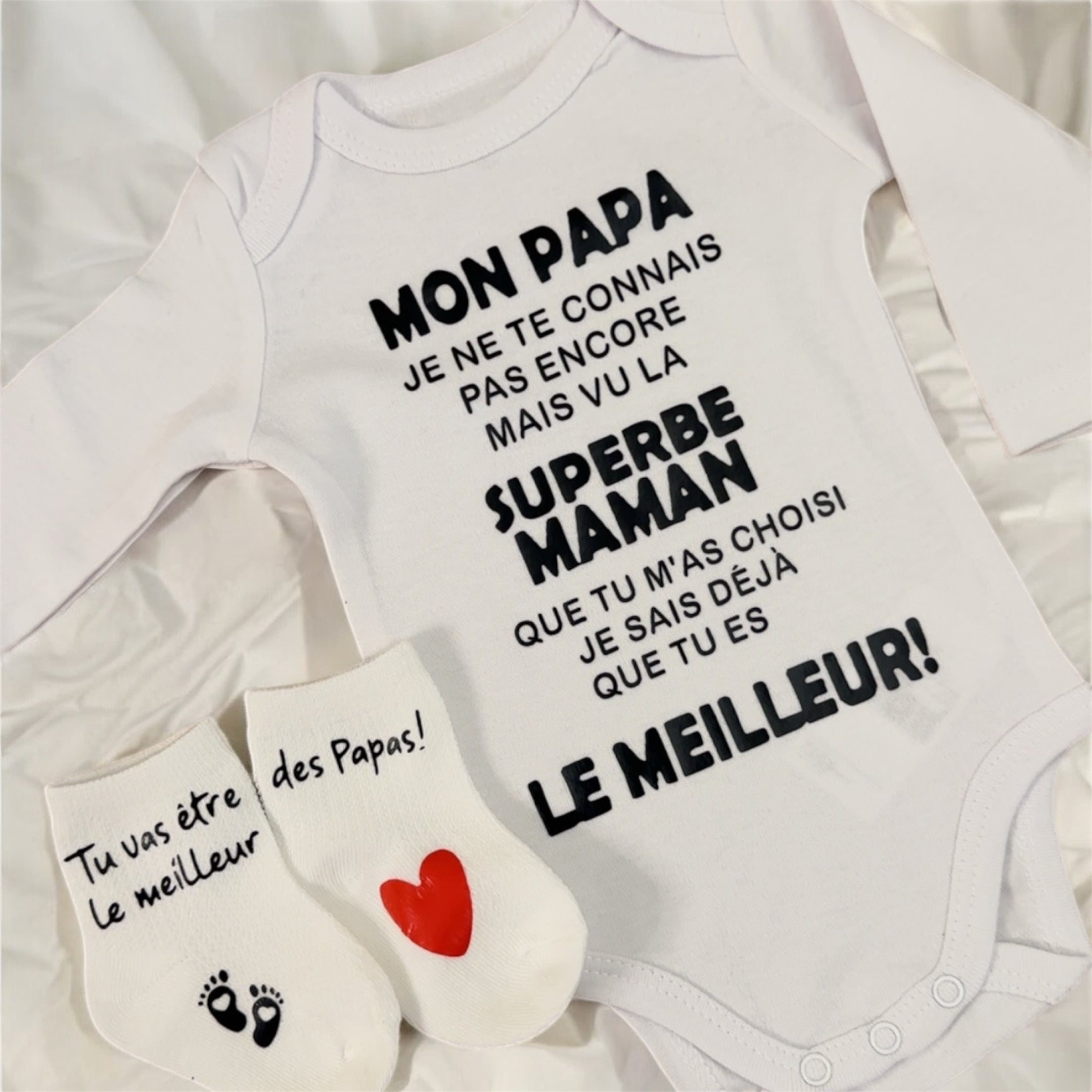 ensemble Body et chaussette Bébé Message Drôle – “Mon Papa, Je ne te connais pas encore…” | Cadeau de Naissance annonce grossesse Original