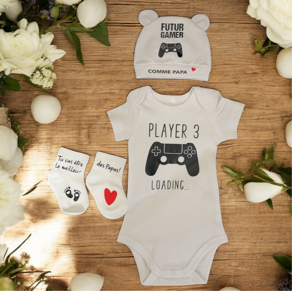 Ensemble naissance “Futur Gamer comme Papa” – Body, bonnet et chaussons bébé | Cadeau original annonce grossesse papa geek