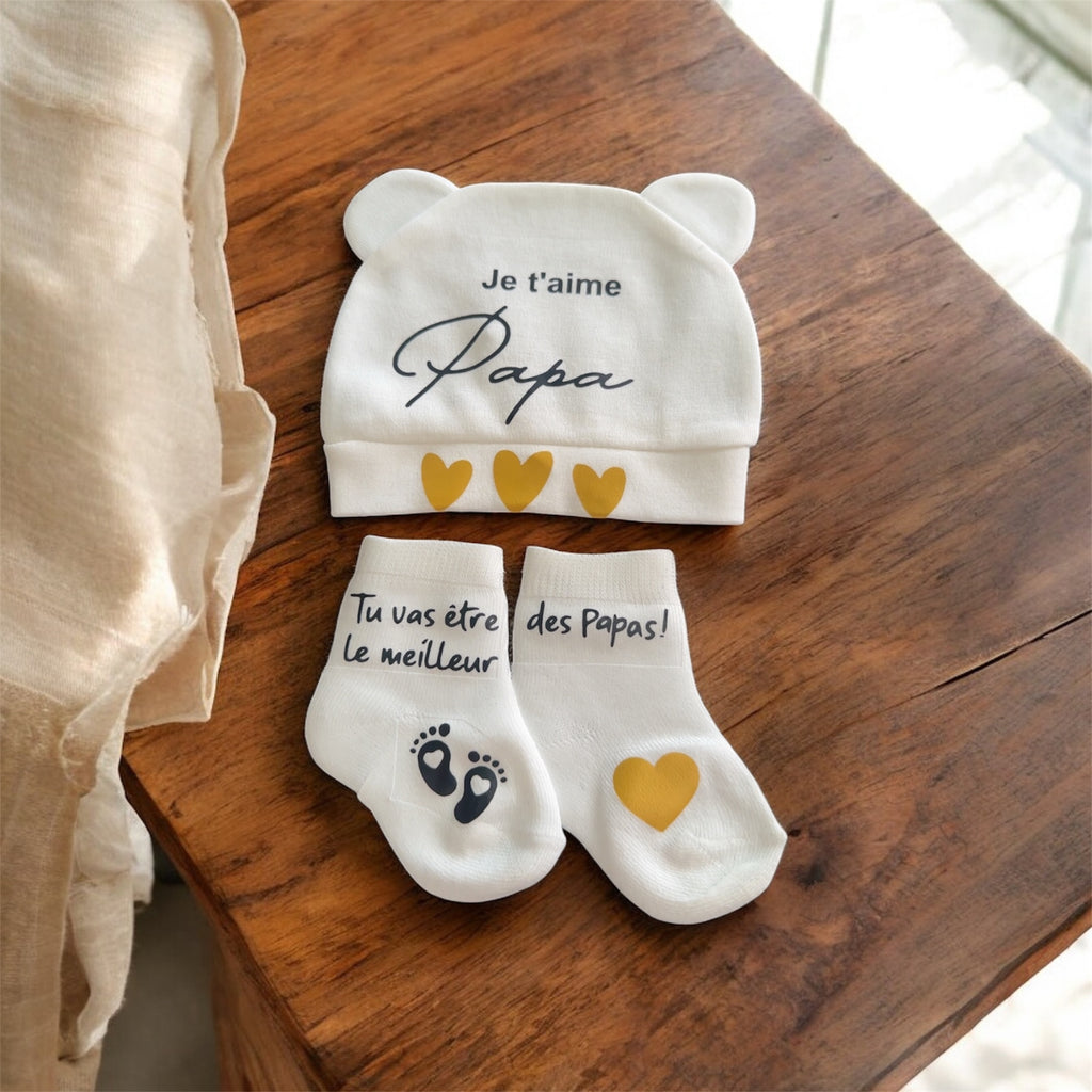 Ensemble naissance “Je t’aime Papa” – Bonnet et chaussettes bébé – Cadeau futur papa personnalisé