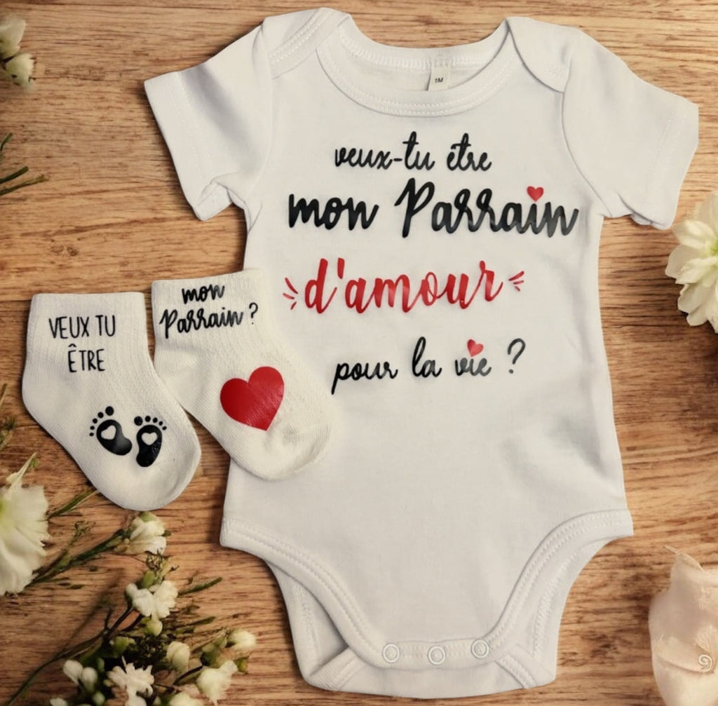 Ensemble bébé “Veux-tu être mon parrain  d’amour pour la vie ?” – Body à message et chaussettes assorties | Cadeau annonce grossesse demande parrain original