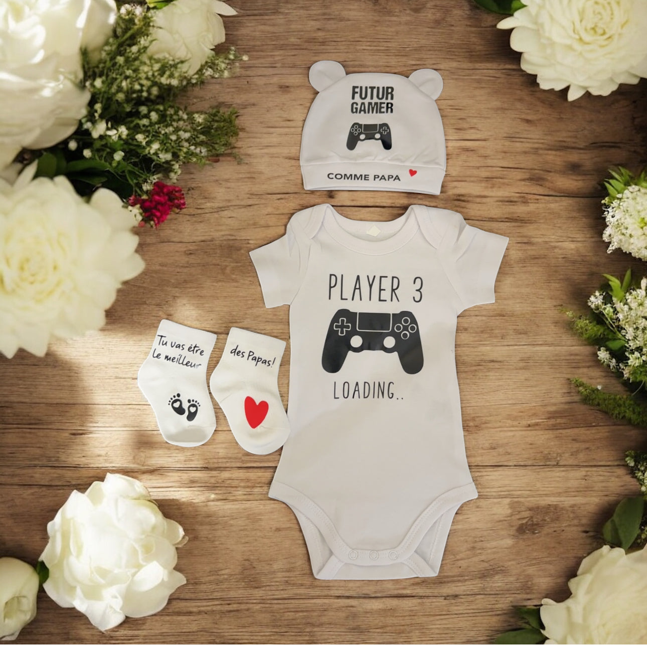 Ensemble naissance “Futur Gamer comme Papa” – Body, bonnet et chaussons bébé | Cadeau original annonce grossesse papa geek