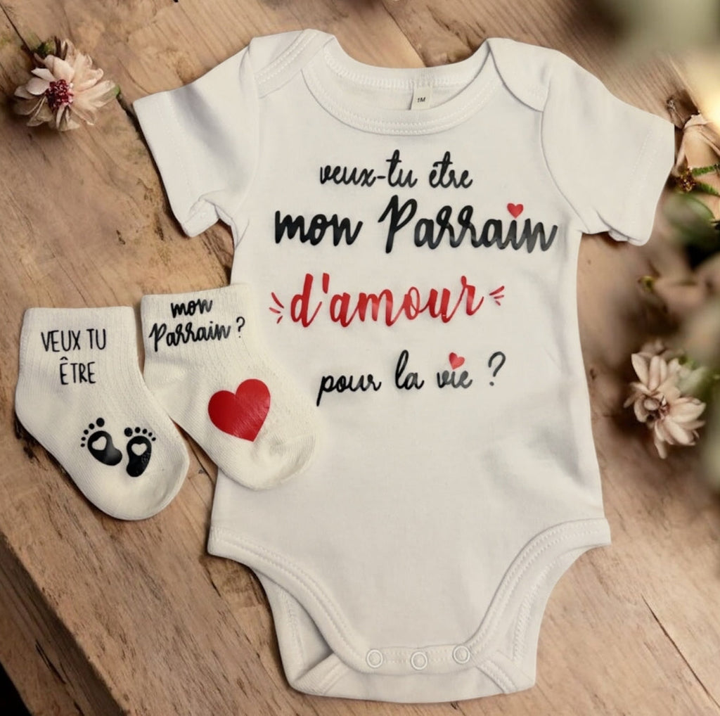 Ensemble bébé “Veux-tu être mon parrain  d’amour pour la vie ?” – Body à message et chaussettes assorties | Cadeau annonce grossesse demande parrain original