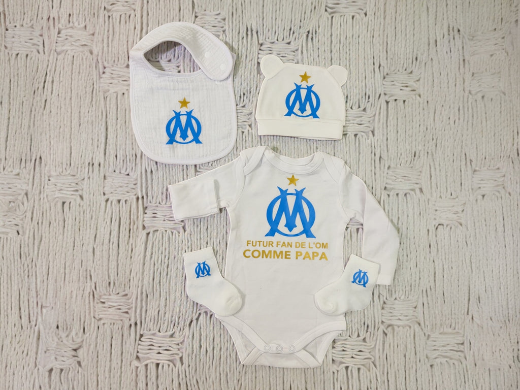 Ensemble bébé fan de football – Pack naissance supporter comme papa – Body bavoir bonnet chaussettes  Cadeau papa