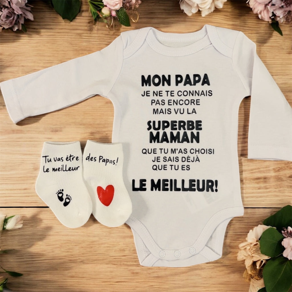 ensemble Body et chaussette Bébé Message Drôle – “Mon Papa, Je ne te connais pas encore…” | Cadeau de Naissance annonce grossesse Original