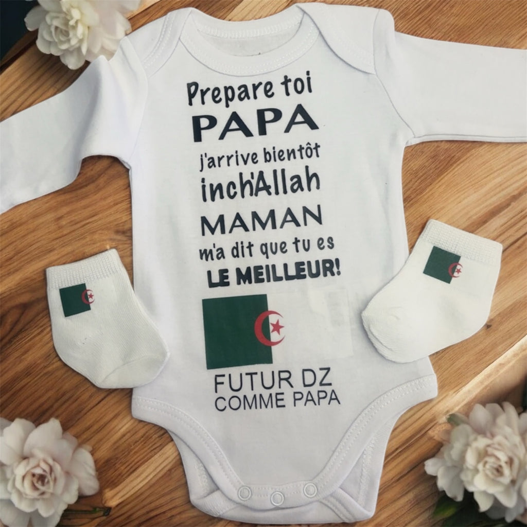 👶 Ensemble naissance bébé « Futur DZ comme papa » 🇩🇿 – Body et chaussette– Cadeau original pour futur papa algérien annonce grossesse