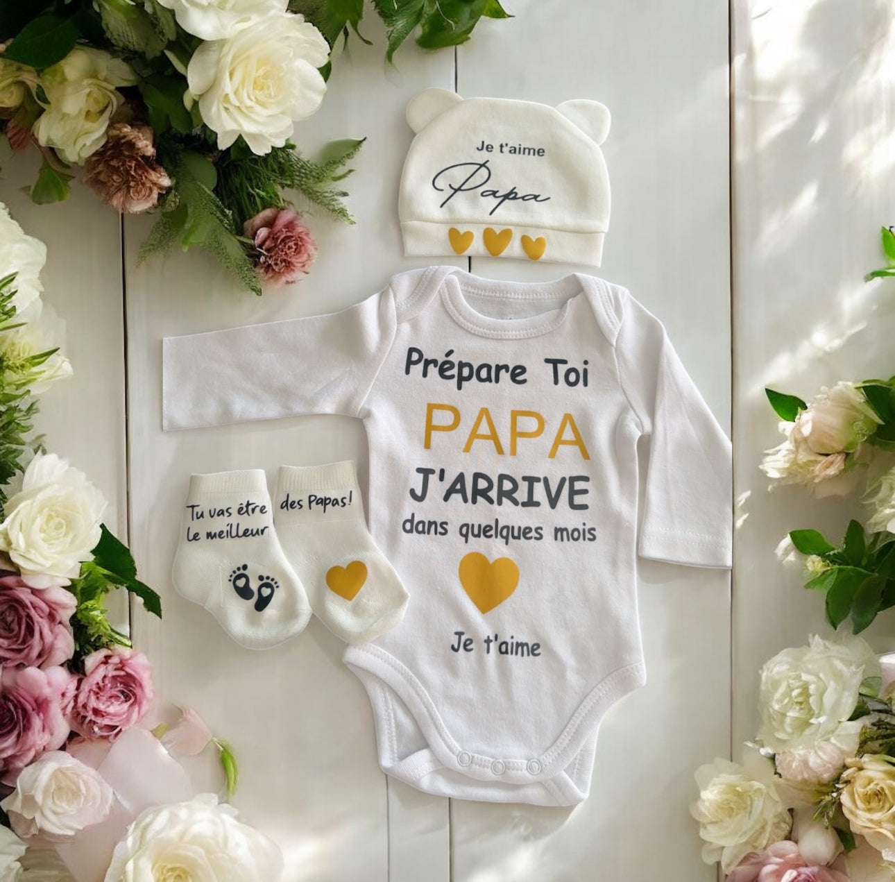 Ensemble annonce grossesse pour papa 👶💛 | Body + bonnet + chaussettes – Cadeau surprise future papa