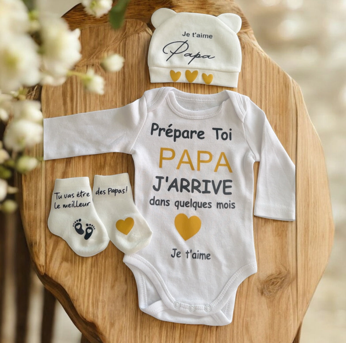 Ensemble annonce grossesse pour papa 👶💛 | Body + bonnet + chaussettes – Cadeau surprise future papa