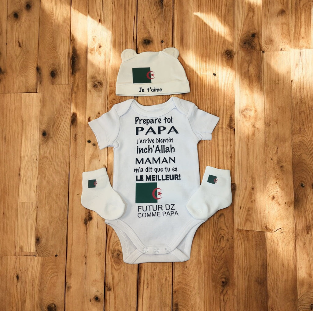 Ensemble bébé personnalisé Futur DZ comme papa – Body bébé annonce grossesse papa – Cadeau naissance algérien