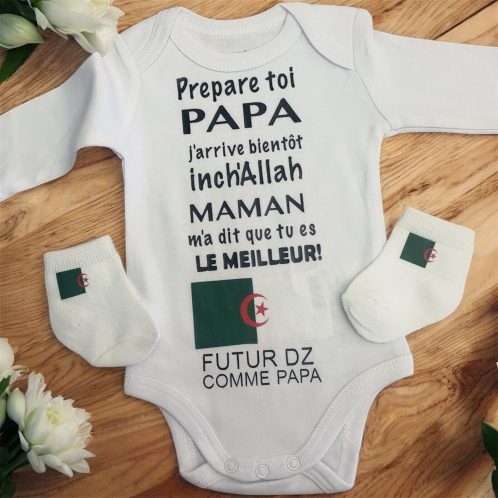 👶 Ensemble naissance bébé « Futur DZ comme papa » 🇩🇿 – Body et chaussette– Cadeau original pour futur papa algérien annonce grossesse