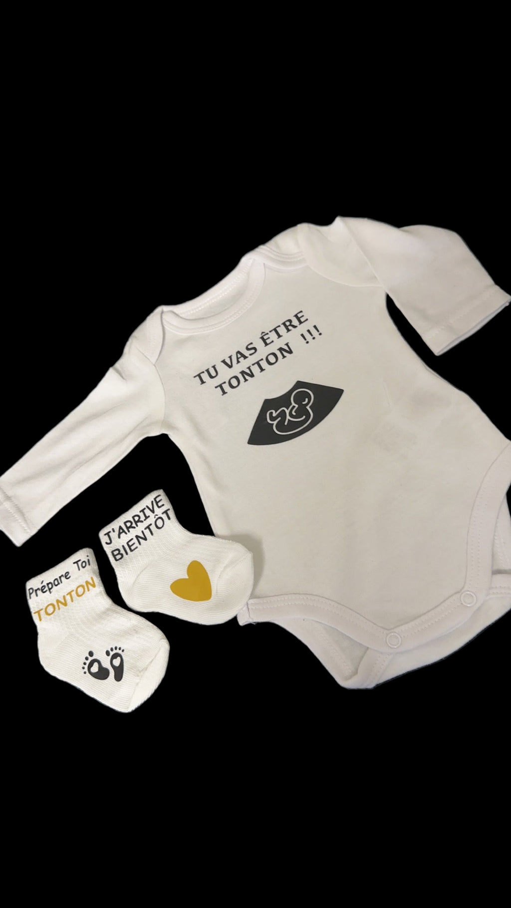 🍼 Coffret annonce grossesse – Body “Tu vas être Tonton !!!” + chaussettes bébé – Cadeau futur tonton original – Idée annonce famille 💛