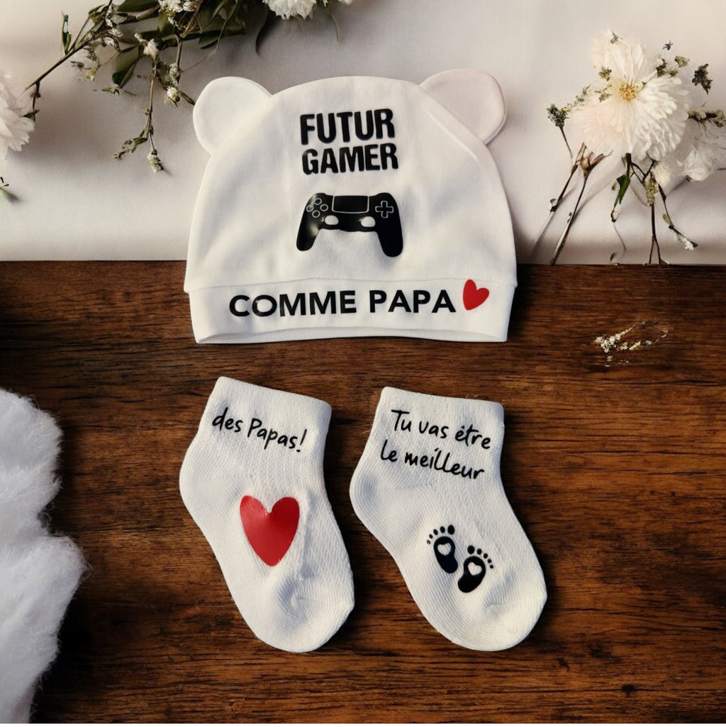 Ensemble Bébé “Futur Gamer comme Papa” 👶🎮 – Bonnet + Chaussettes Annonce de Grossesse Originales