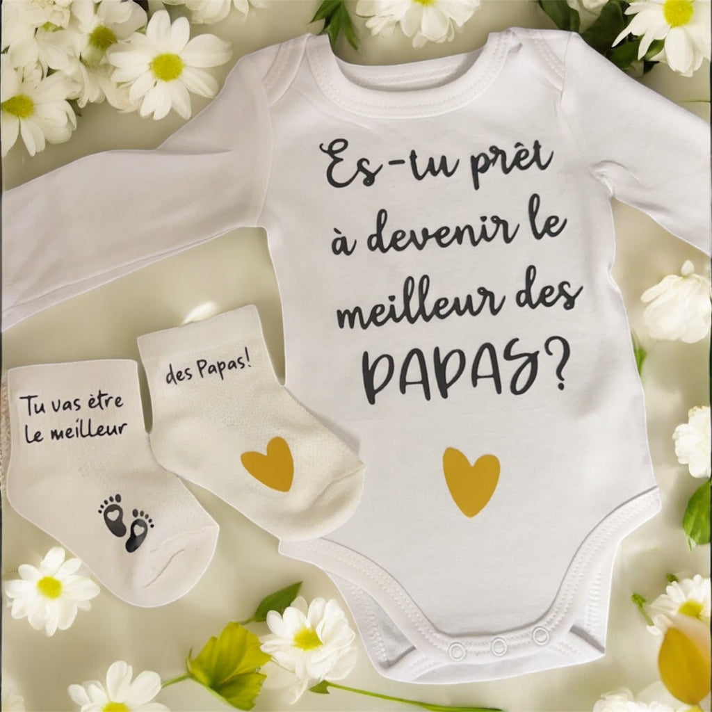 Ensemble bébé annonce grossesse – Body + Chaussettes personnalisées “Meilleur des Papas” – Idée cadeau future maman / surprise papa