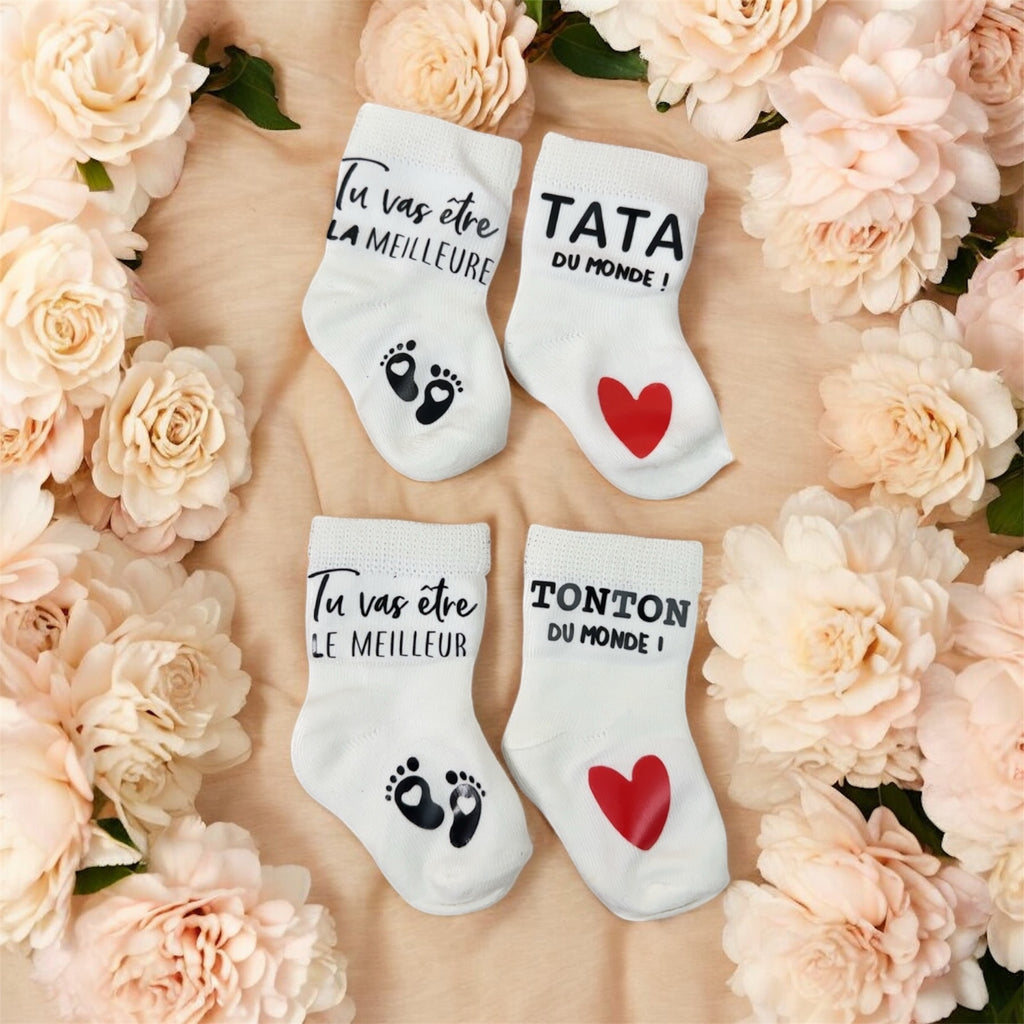 🍼 Lot de 2 paires de chaussettes annonce grossesse  futur tonton et tata – “Tu vas être la meilleure Tata / le meilleur Tonton du monde” – Cadeau révélation original ♥️