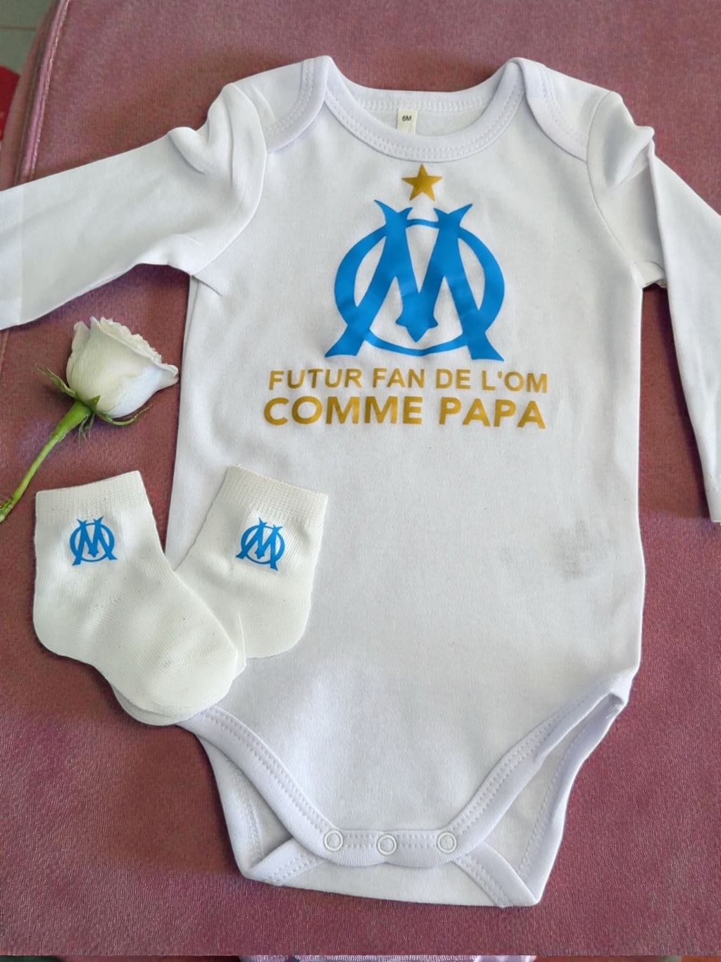 Ensemble bébé football futur fan comme de l’OM comme papa Body manches longues chaussettes Cadeau  papa supporter