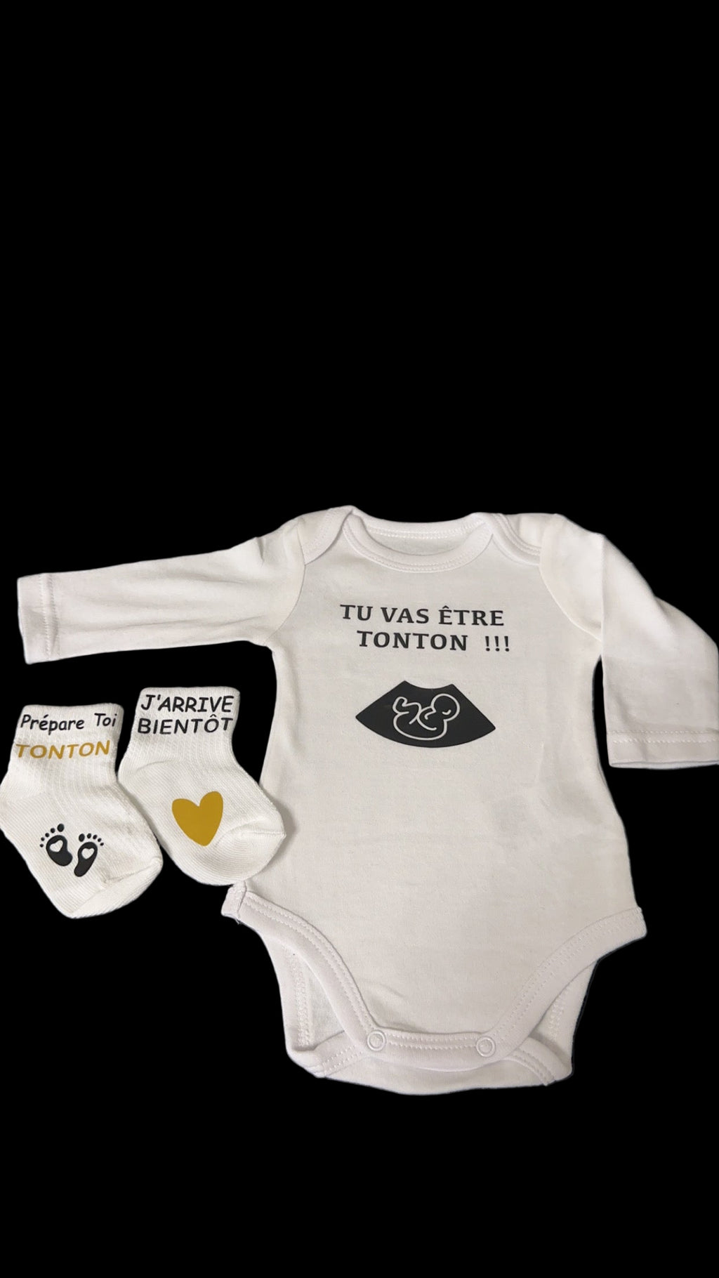 🍼 Coffret annonce grossesse – Body “Tu vas être Tonton !!!” + chaussettes bébé – Cadeau futur tonton original – Idée annonce famille 💛