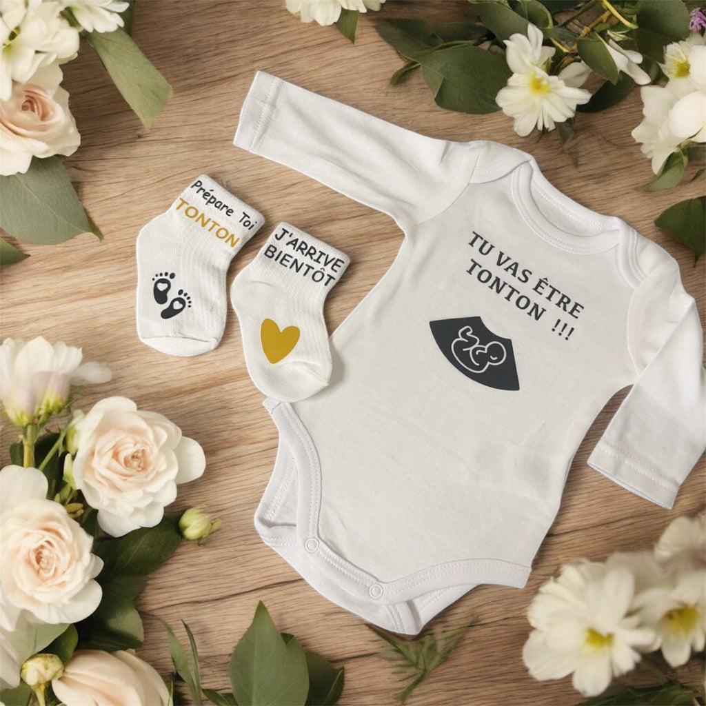 🍼 ensemble annonce grossesse – Body “Tu vas être Tonton !!!” + chaussettes bébé – Cadeau futur tonton original – Idée annonce famille 💛