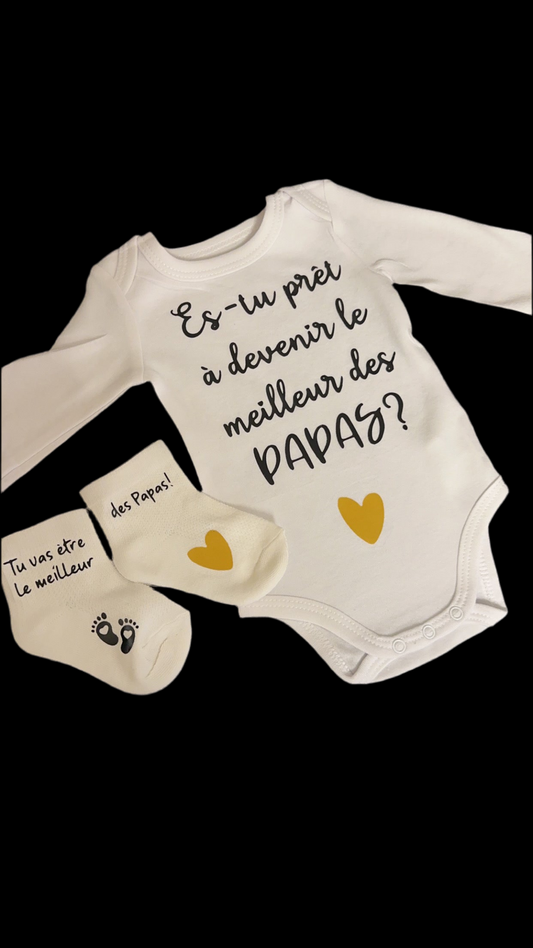 Ensemble bébé annonce grossesse – Body + Chaussettes personnalisées “Meilleur des Papas” – Idée cadeau future maman / surprise papa