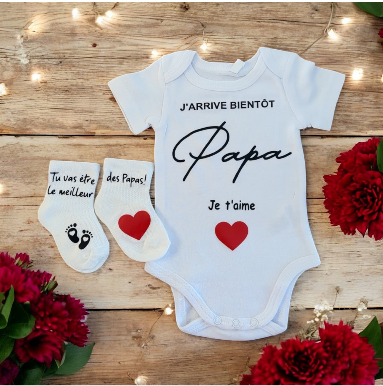 Annonce grossesse Papa – Body bébé + Chaussettes personnalisées | Cadeau futur papa | J’arrive bientôt Papa, je t’aime ❤️