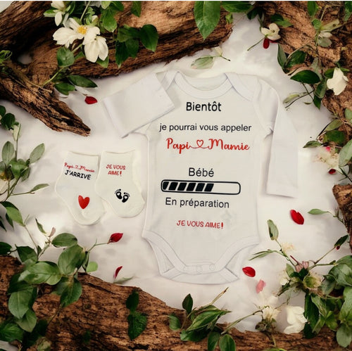 Body annonce grossesse “Papi & Mamie” + chaussettes assorties Cadeau futur grands-parents