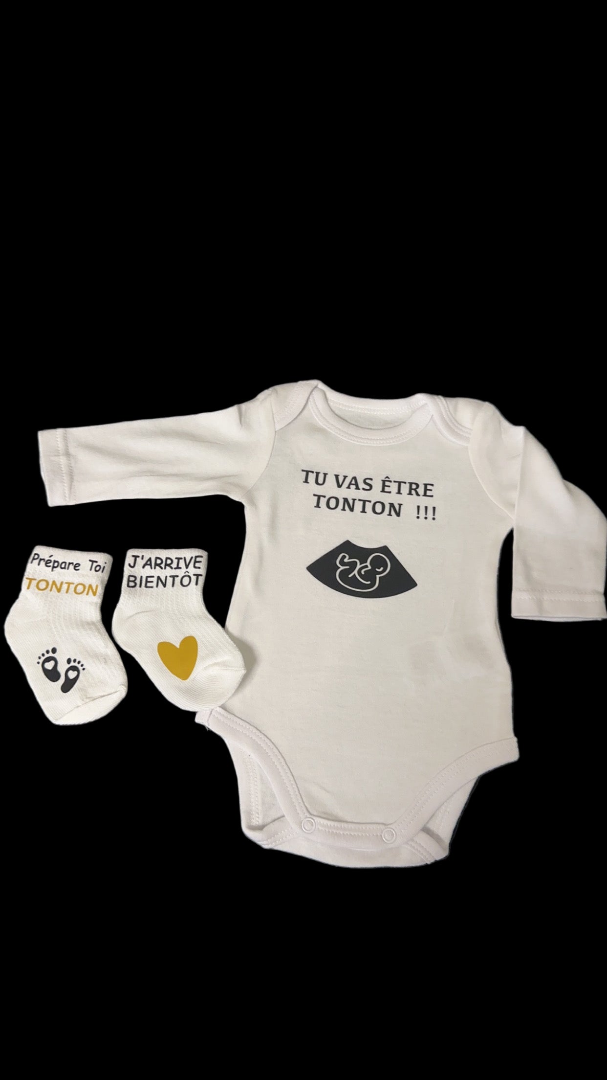 🍼 Coffret annonce grossesse – Body “Tu vas être Tonton !!!” + chaussettes bébé – Cadeau futur tonton original – Idée annonce famille 💛