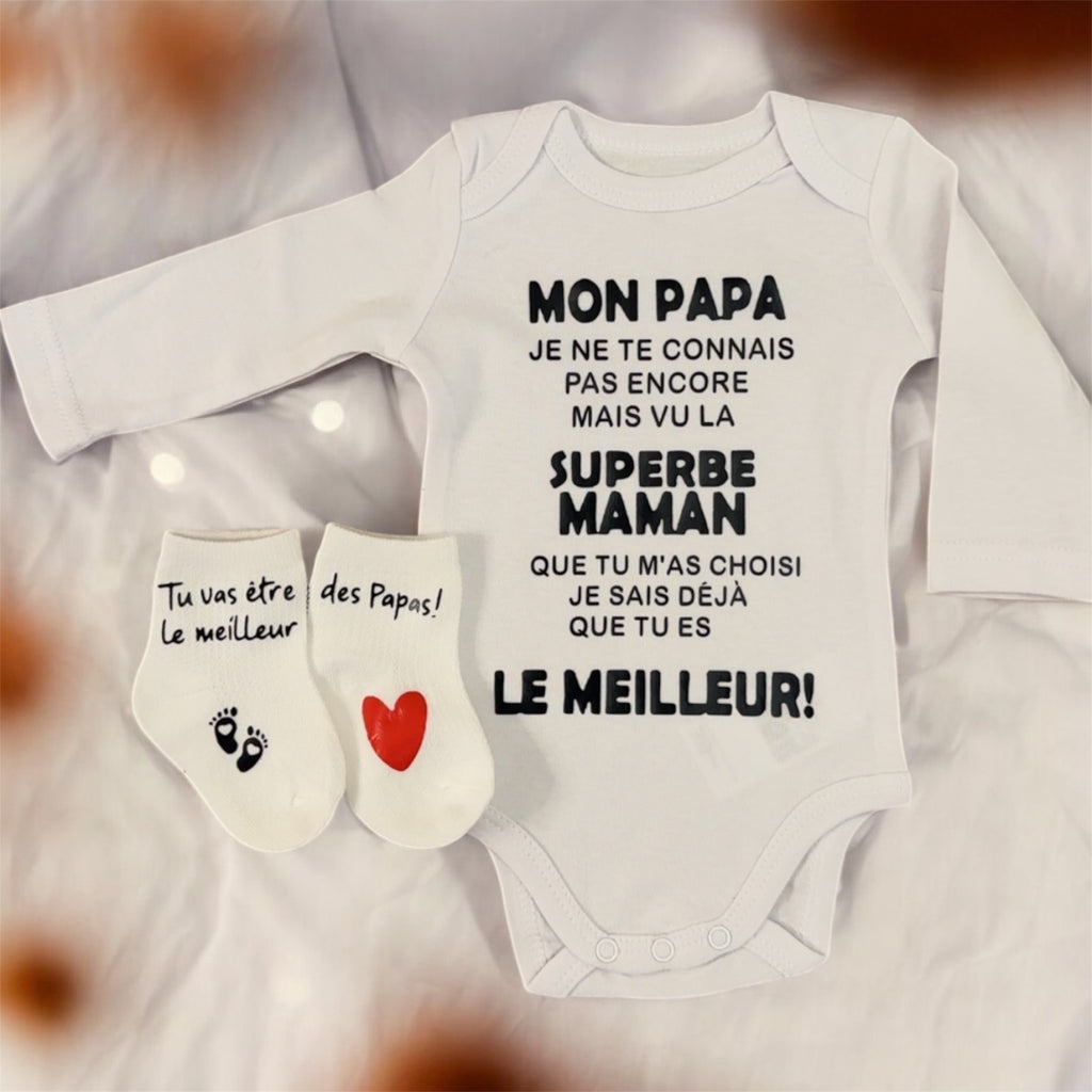 ensemble Body et chaussette Bébé Message Drôle – “Mon Papa, Je ne te connais pas encore…” | Cadeau de Naissance annonce grossesse Original