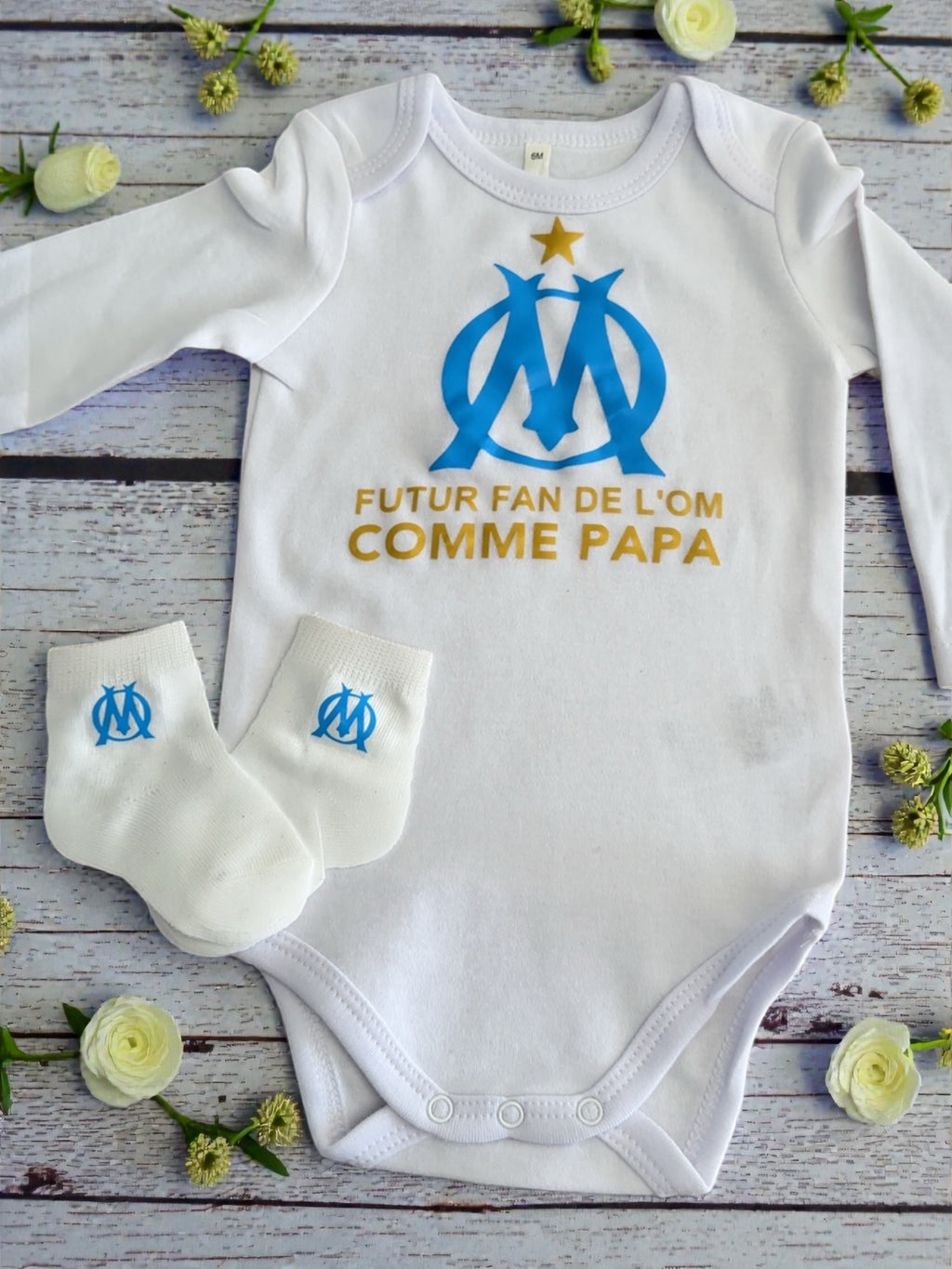 Ensemble bébé football futur fan comme de l’OM comme papa Body manches longues chaussettes Cadeau  papa supporter