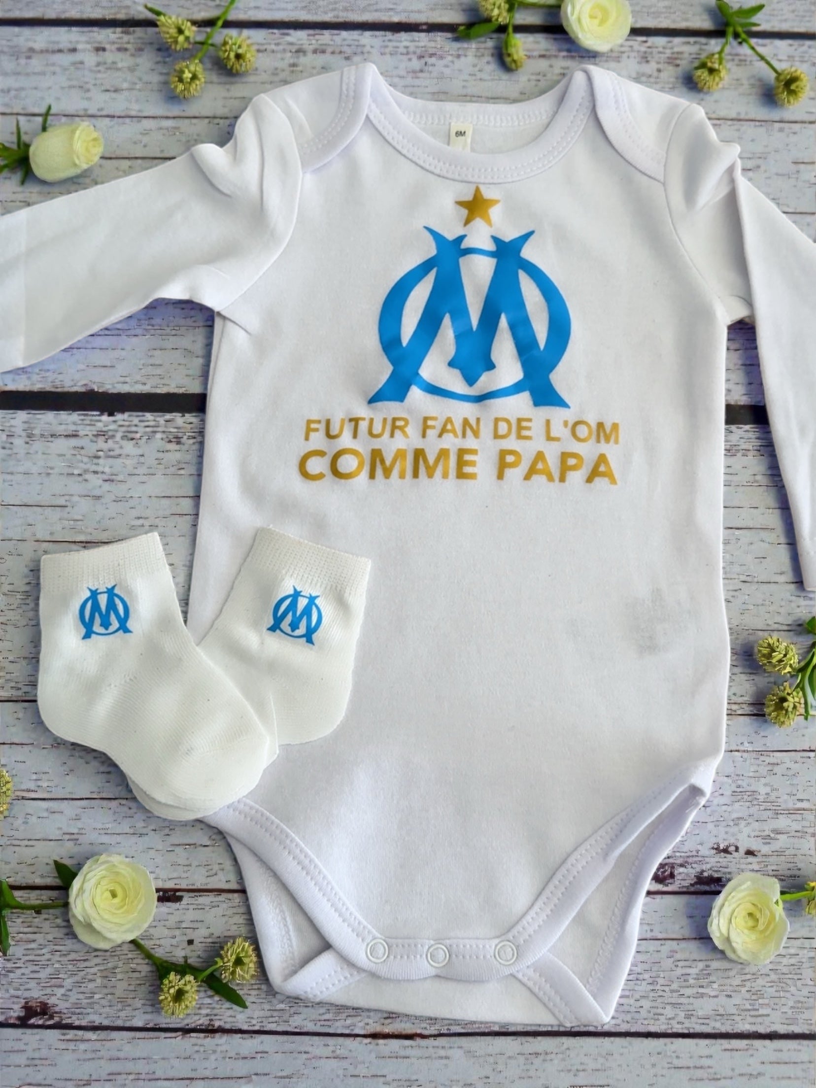 Ensemble bébé football futur fan comme de l’OM comme papa Body manches longues chaussettes Cadeau  papa supporter