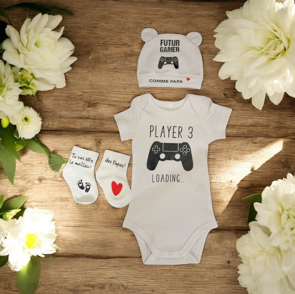 Ensemble naissance “Futur Gamer comme Papa” – Body, bonnet et chaussons bébé | Cadeau original annonce grossesse papa geek