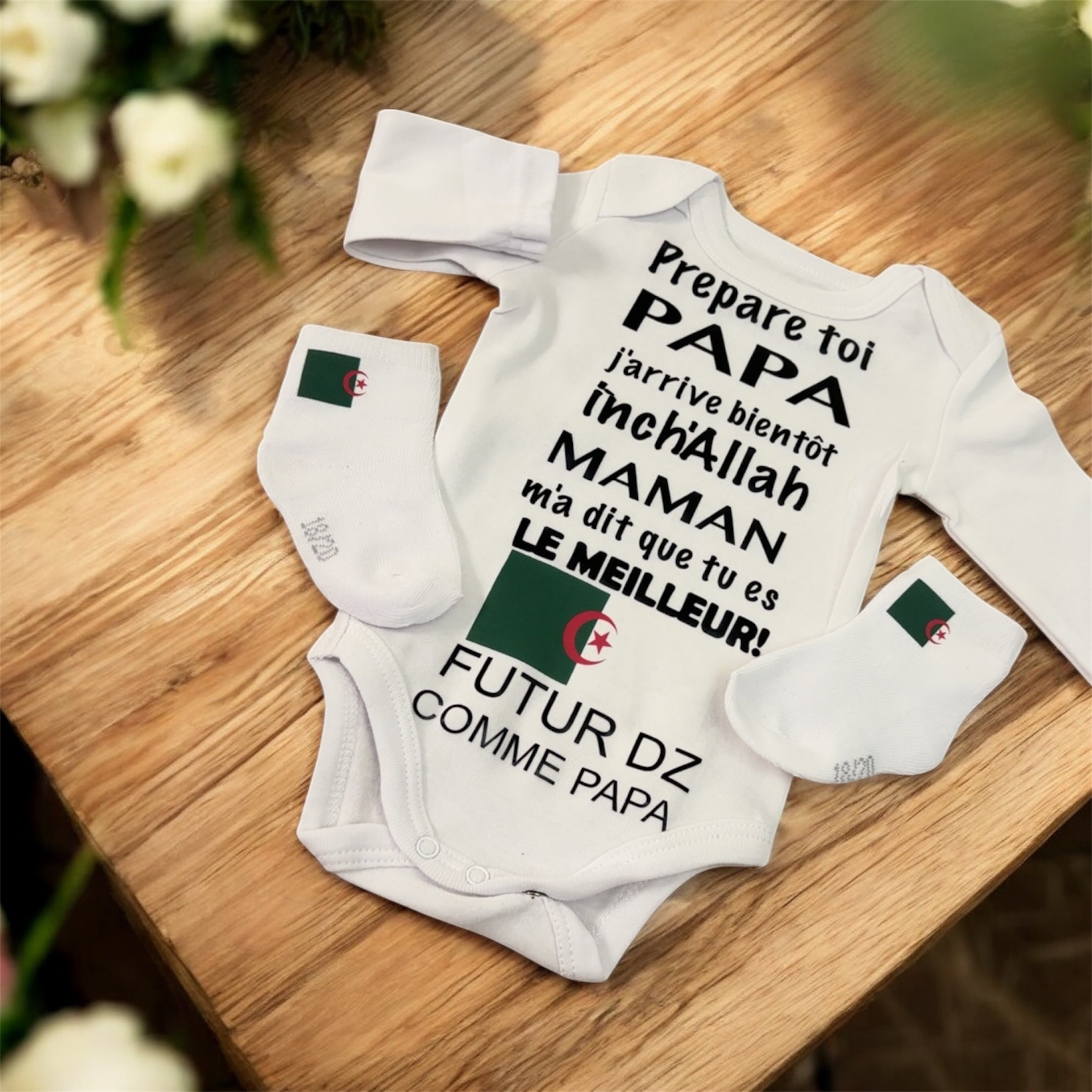 👶 Ensemble naissance bébé « Futur DZ comme papa » 🇩🇿 – Body et chaussette– Cadeau original pour futur papa algérien annonce grossesse