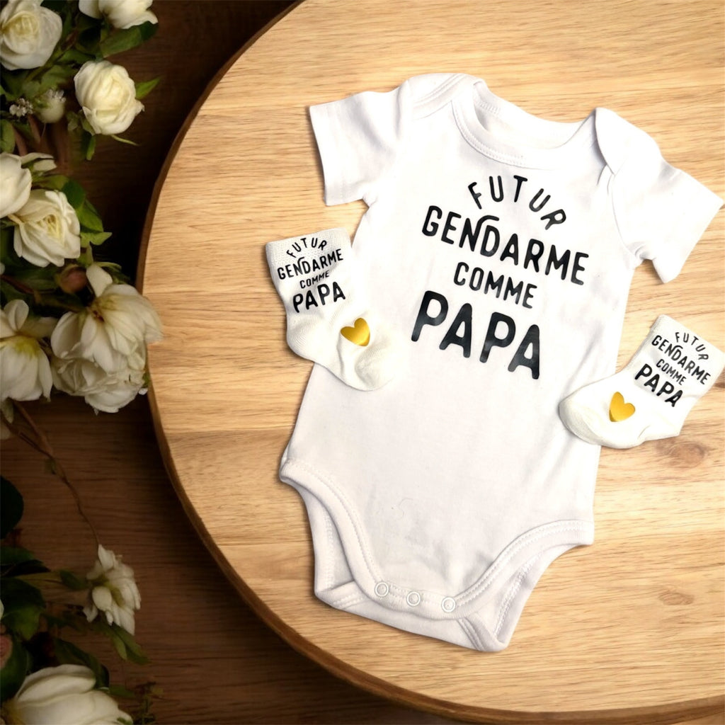 👶 Body bébé + chaussettes “Futur gendarme comme papa” | ensemble naissance original | Cadeau papa gendarme